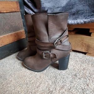 Brown strappy heeled ankle boots